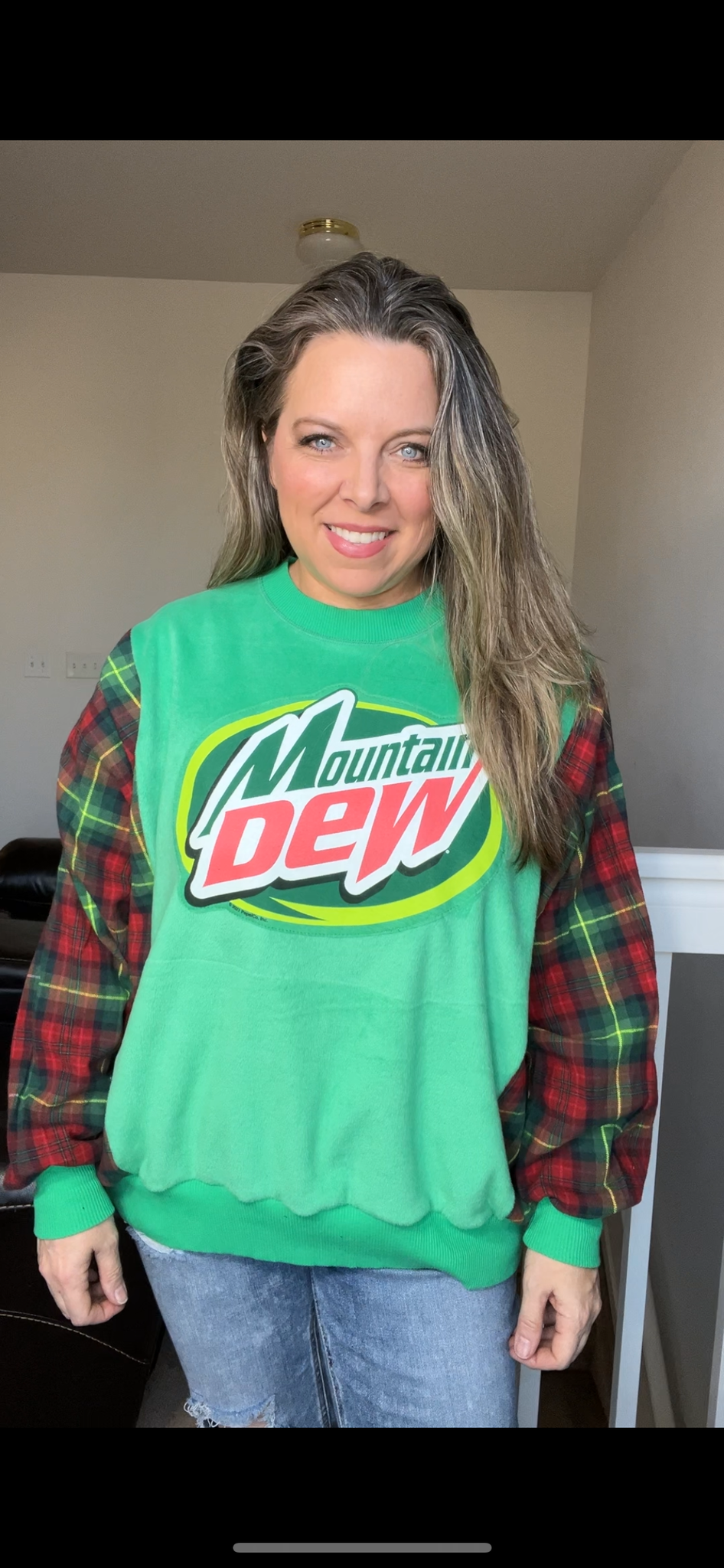 Upcycled Mountain Dew – women’s XL/1X – midweight sweatshirt with flannel sleeves