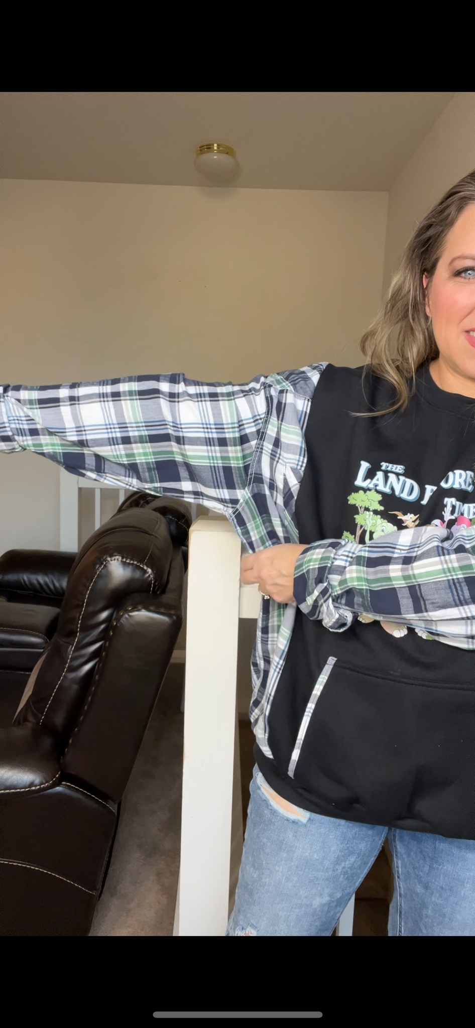 Upcycled Land Before Time – women’s 2X – midweight sweatshirt with flannel sleeves