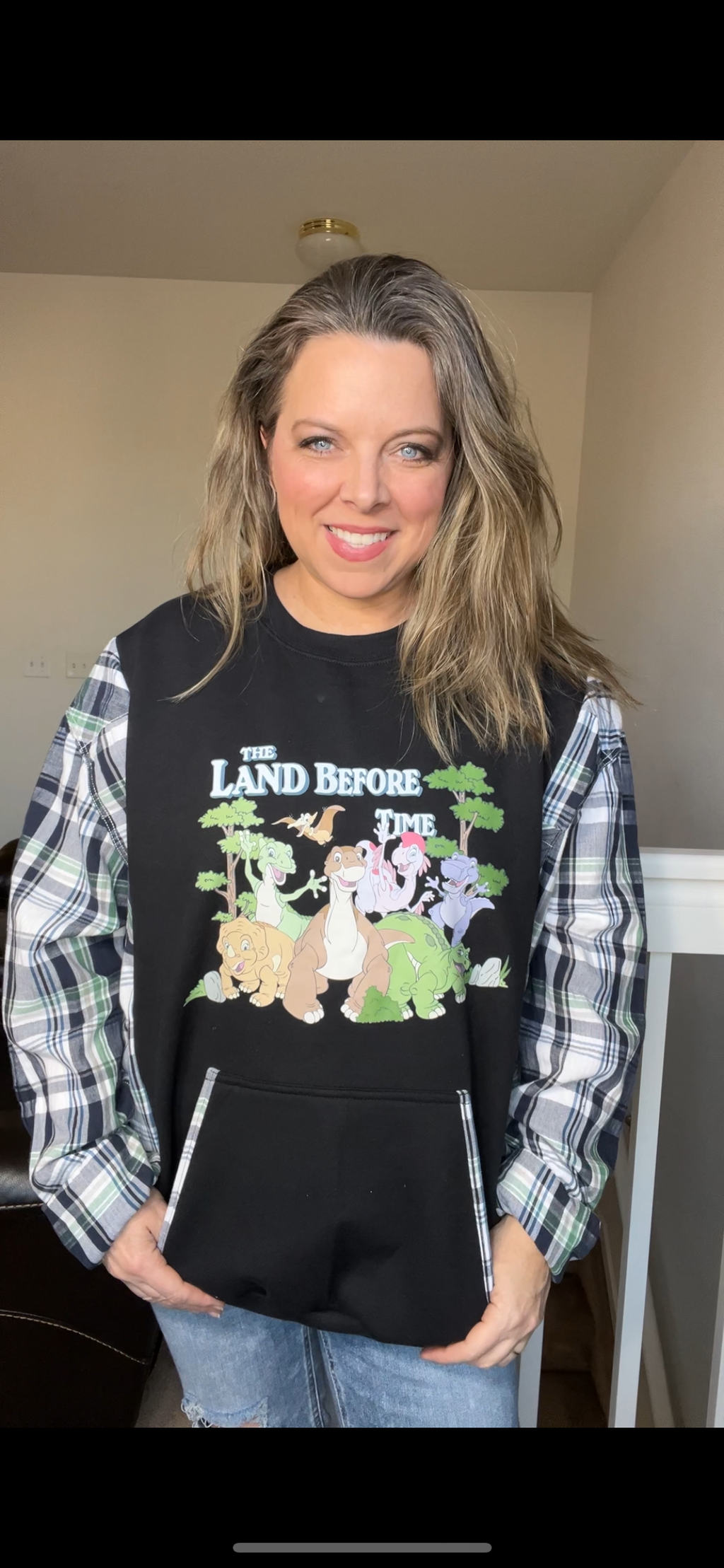 Upcycled Land Before Time – women’s 2X – midweight sweatshirt with flannel sleeves