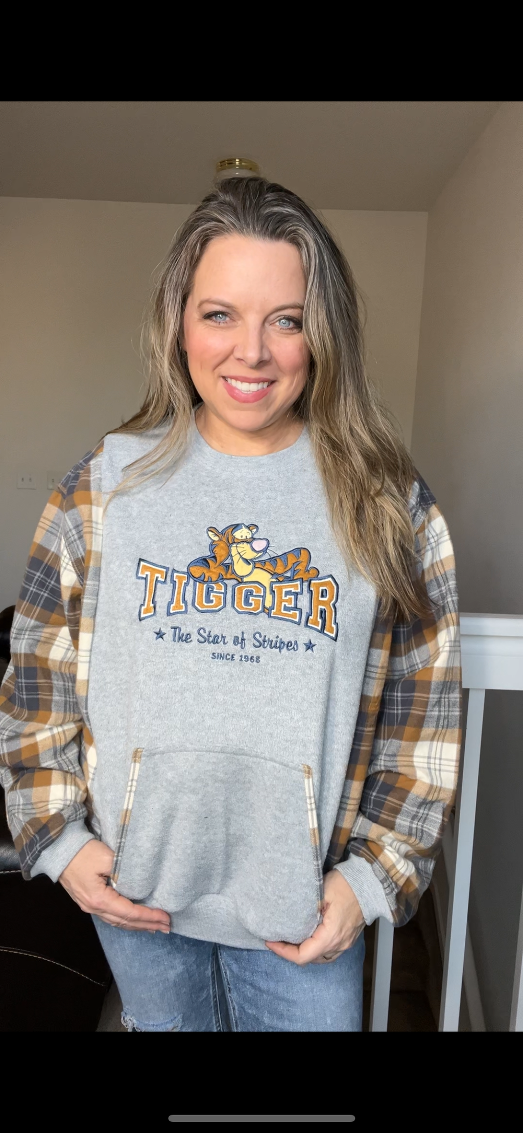 Upcycled Tigger - women’s XL – midweight sweatshirt with flannel sleeves