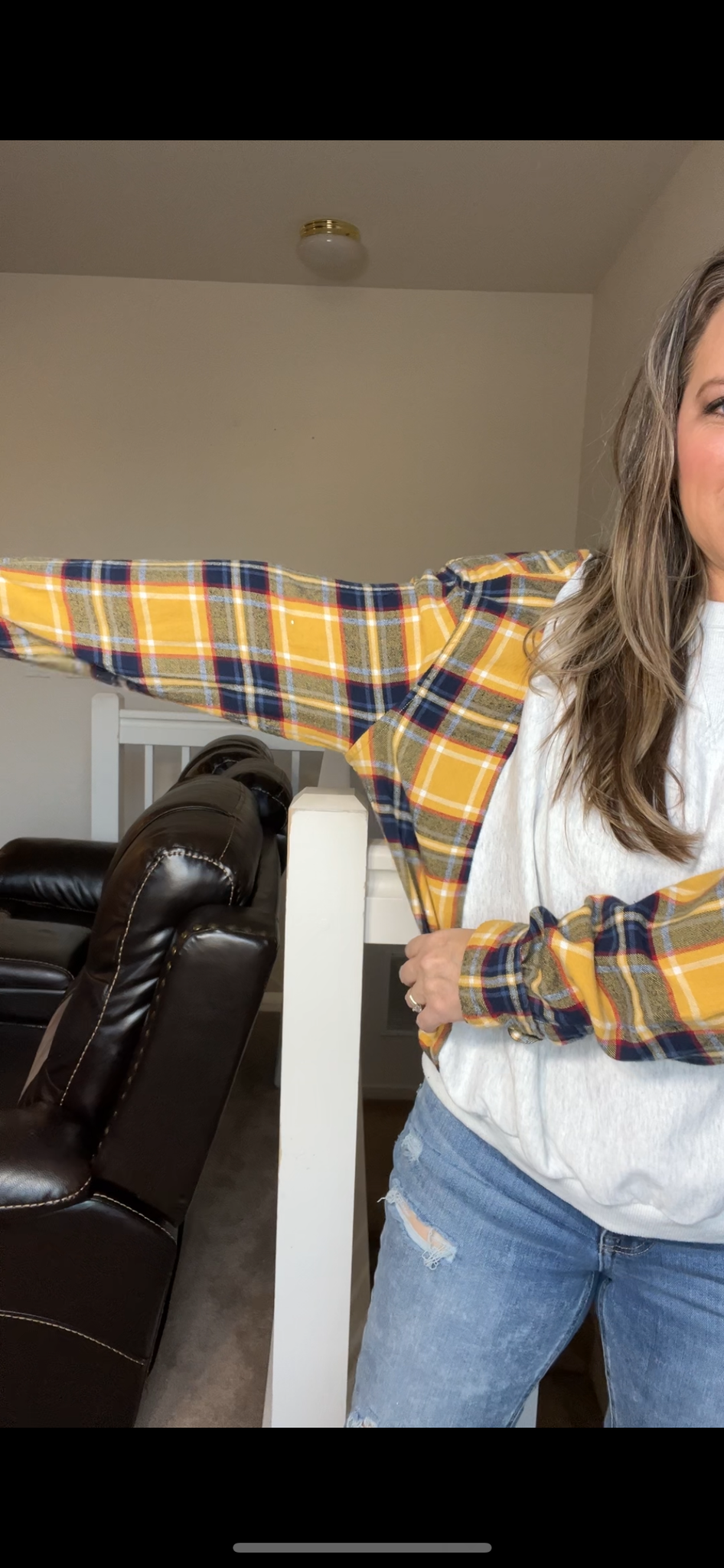 Upcycled Smiles – women’s small – midweight sweatshirt with flannel sleeves