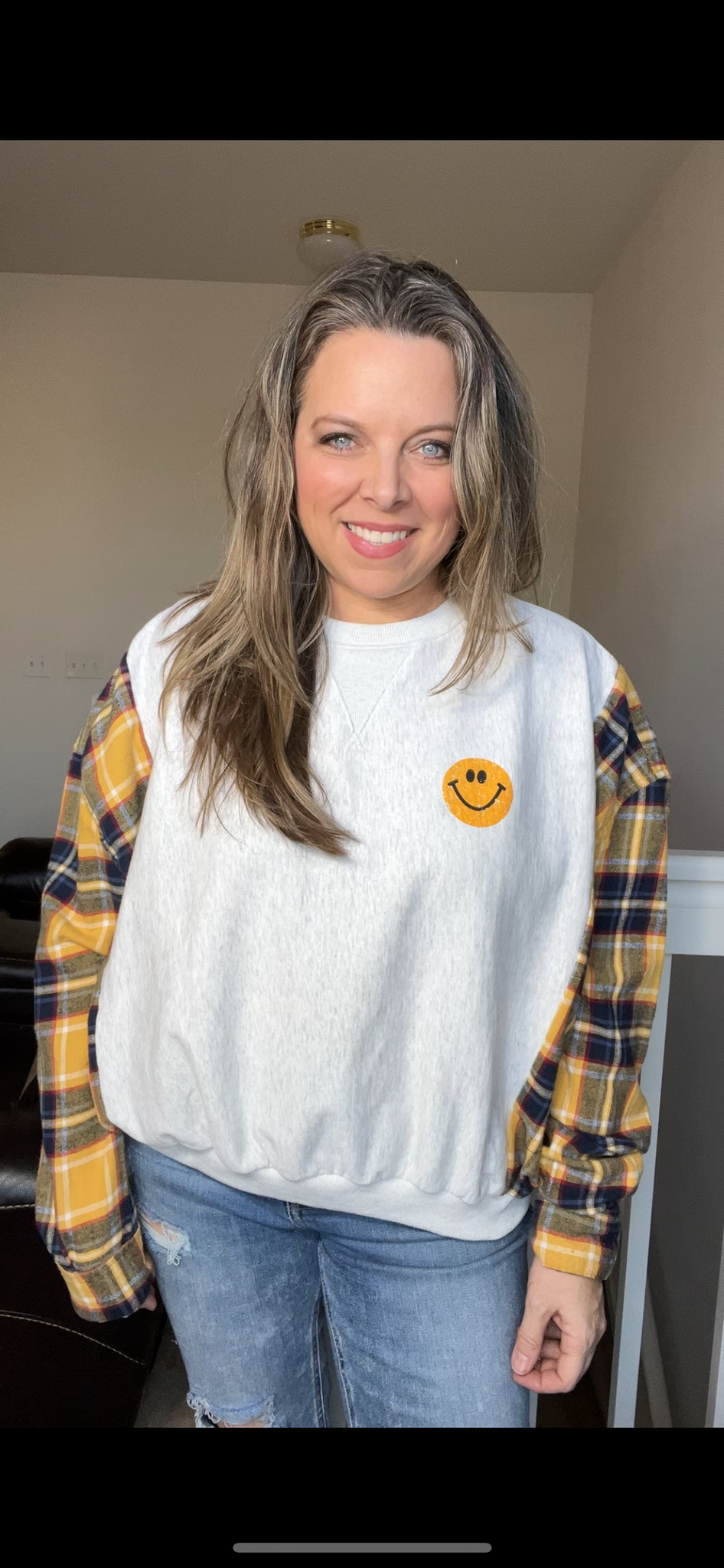 Upcycled Smiles – women’s small – midweight sweatshirt with flannel sleeves