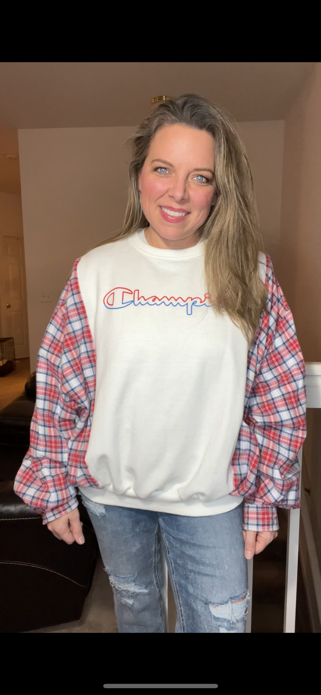 Upcycled RWB Champion – women’s medium – midweight sweatshirt with flannel sleeves – wide but shorter￼