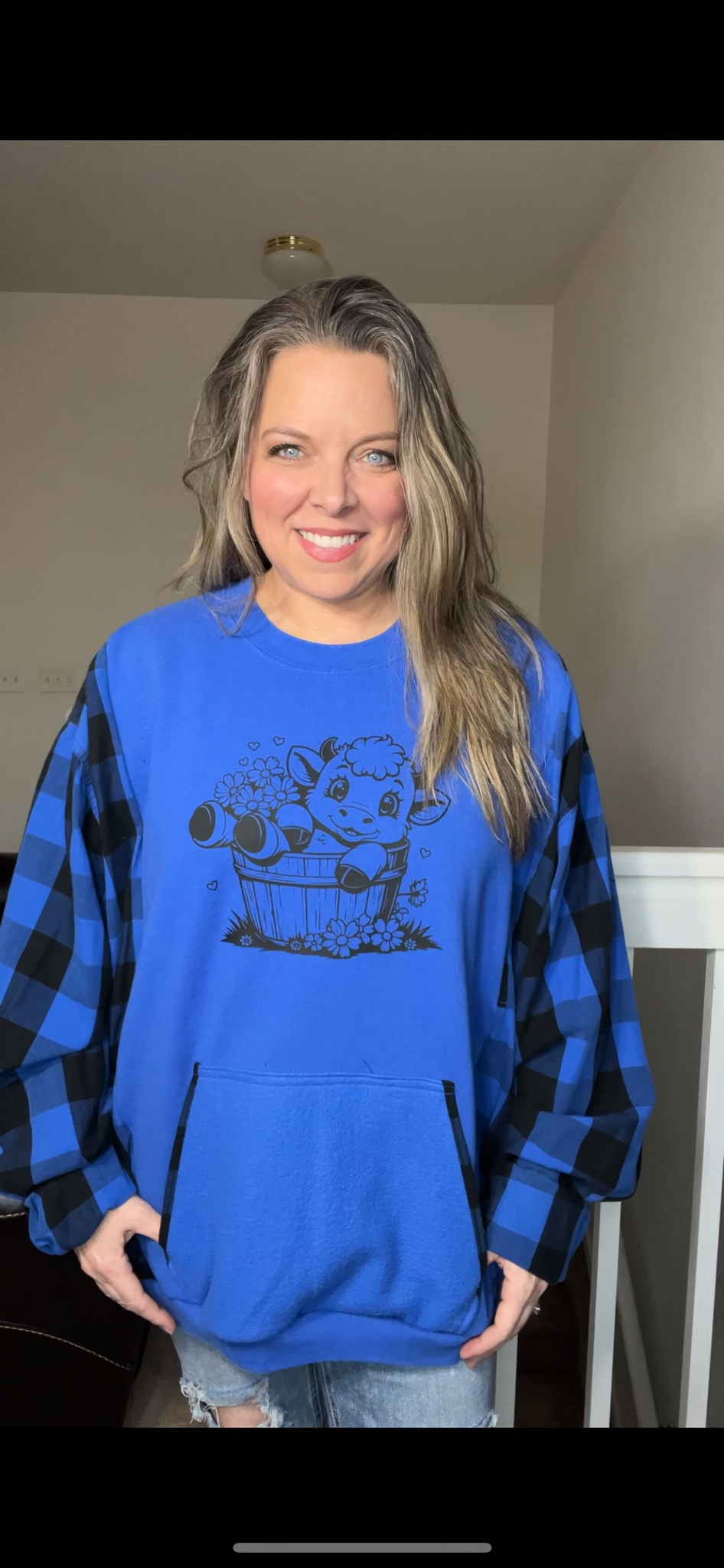 Upcycled Cow – women’s 3X/4X – midweight sweatshirt with flannel sleeves