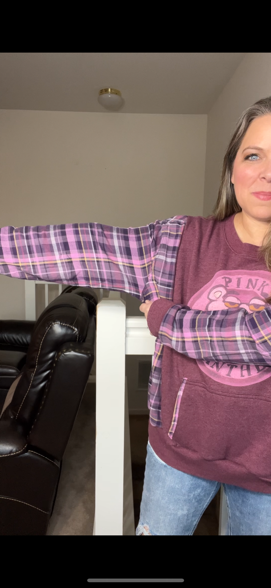 Upcycled Pink panther – women’s 2X – thin French terry sweatshirt with flannel sleeves