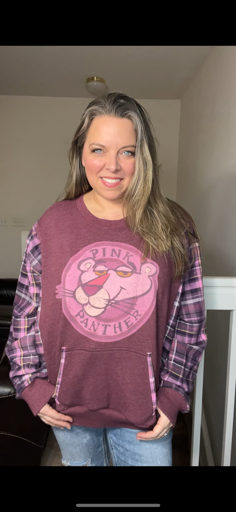 Upcycled Pink panther – women’s 2X – thin French terry sweatshirt with flannel sleeves