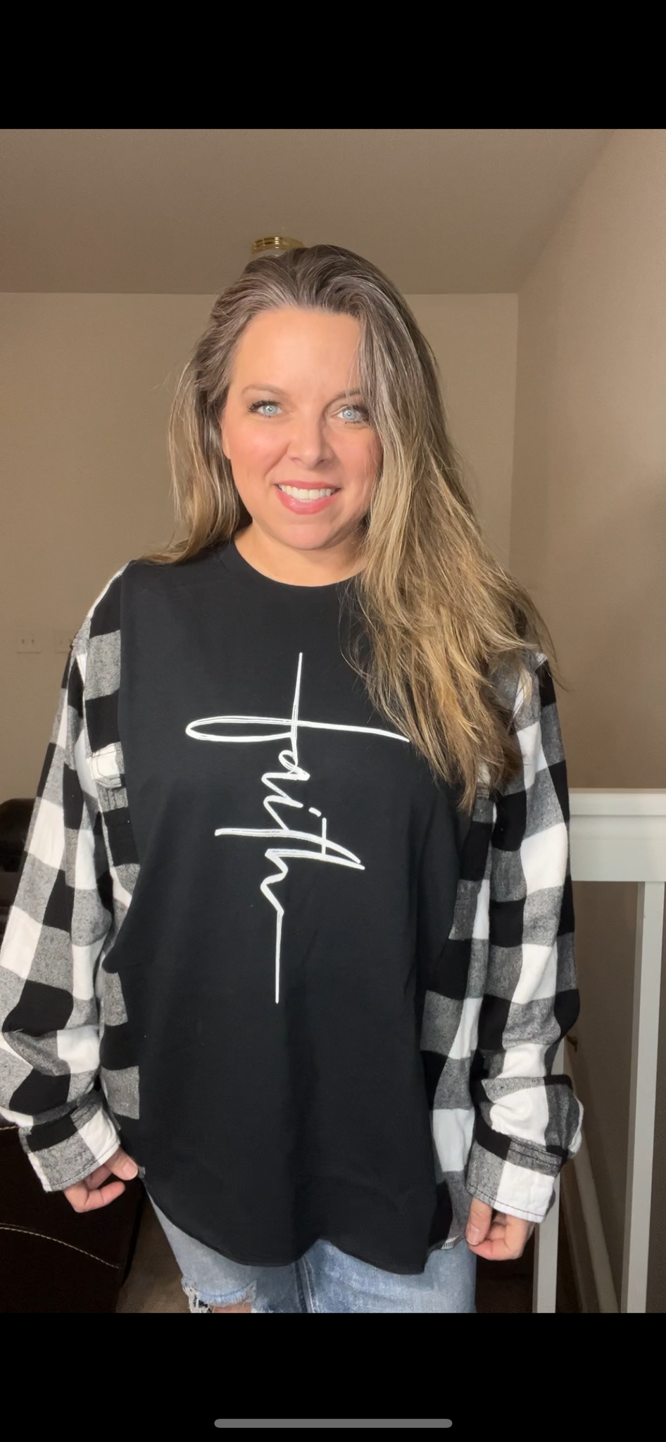 Upcycled Faith – women’s 2X T-shirt with flannel sleeves
