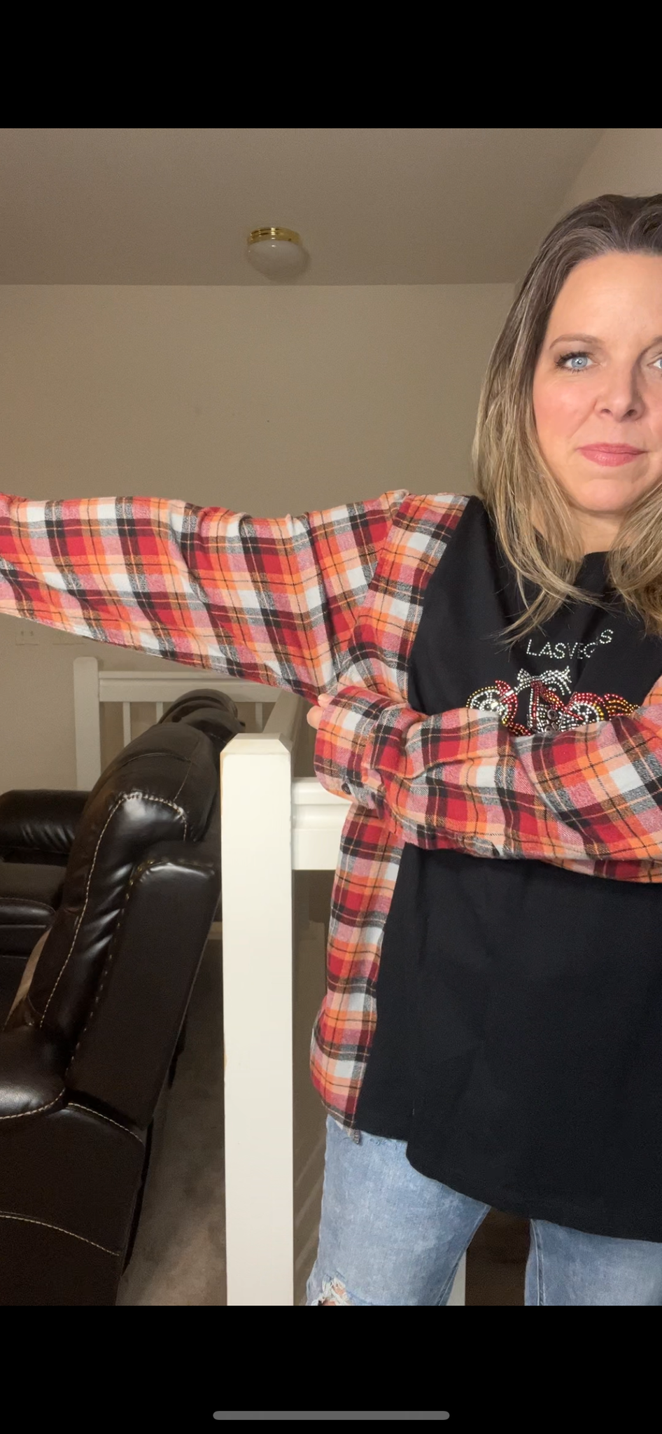 Upcycled Harley – women’s 1X T-shirt with flannel sleeves