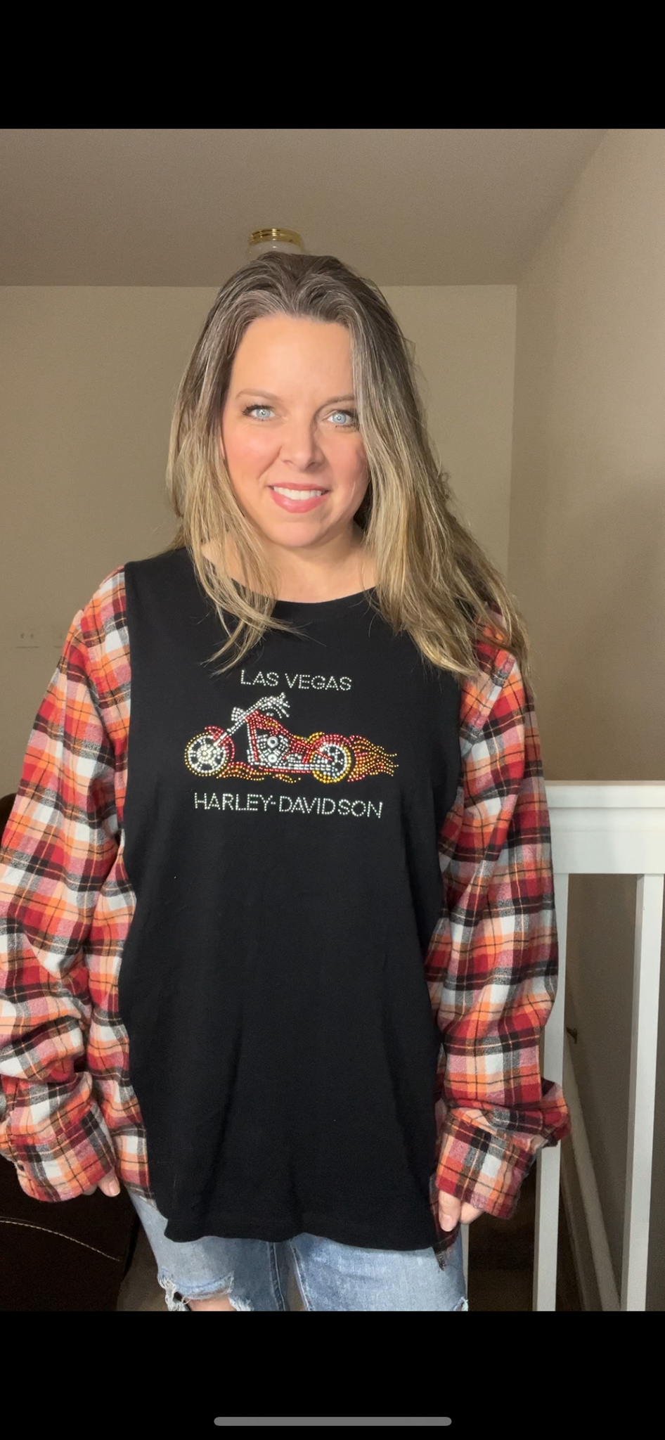Upcycled Harley – women’s 1X T-shirt with flannel sleeves