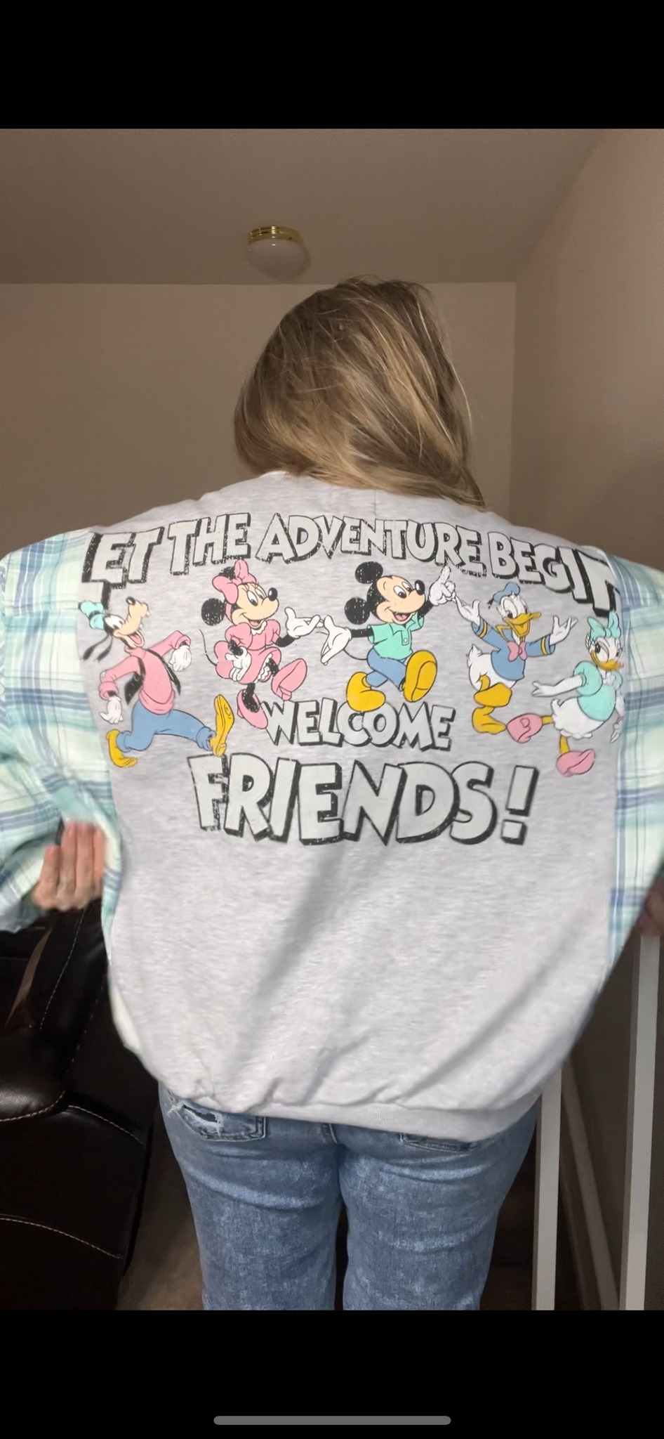Upcycled Mickey – women’s 1X/2X – midweight sweatshirt with flannel sleeves - cannot be made smaller