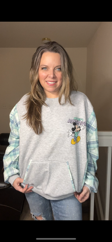Upcycled Mickey – women’s 1X/2X – midweight sweatshirt with flannel sleeves - cannot be made smaller