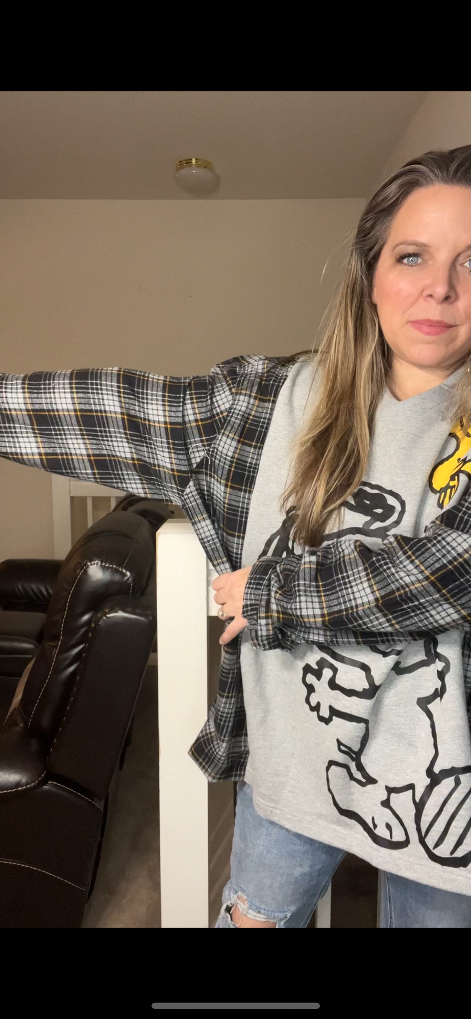 Upcycled Snoopy – women’s 4X midweight sweatshirt with flannel sleeves