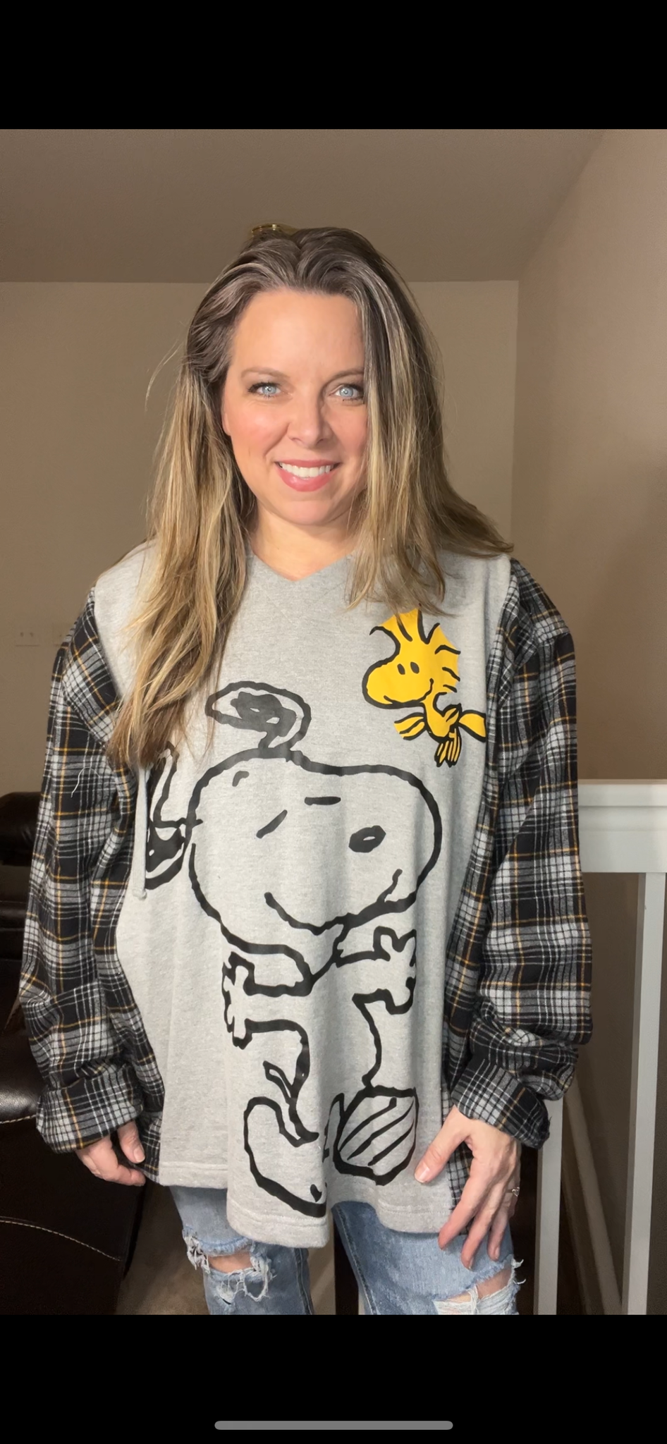 Upcycled Snoopy – women’s 4X midweight sweatshirt with flannel sleeves