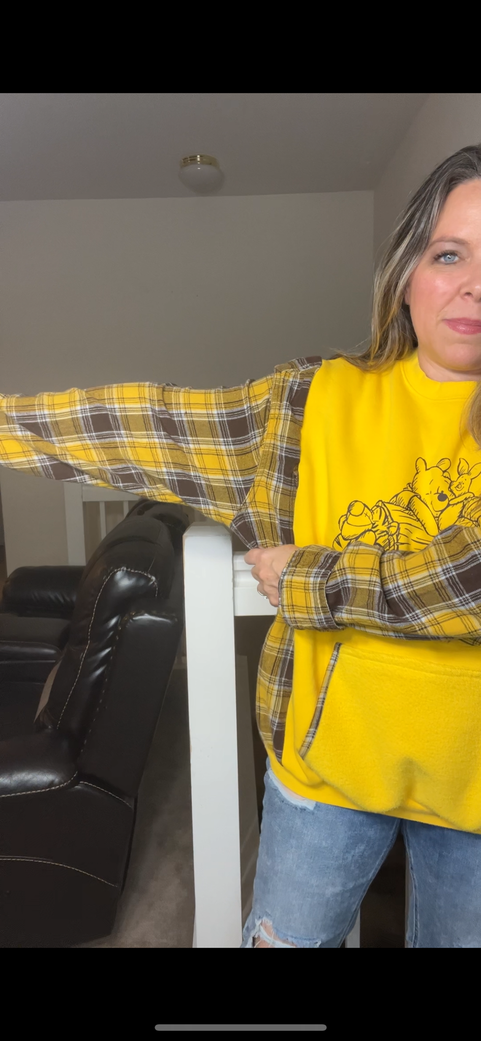 Upcycled Pooh – women’s 1X midweight sweatshirt with flannel sleeves