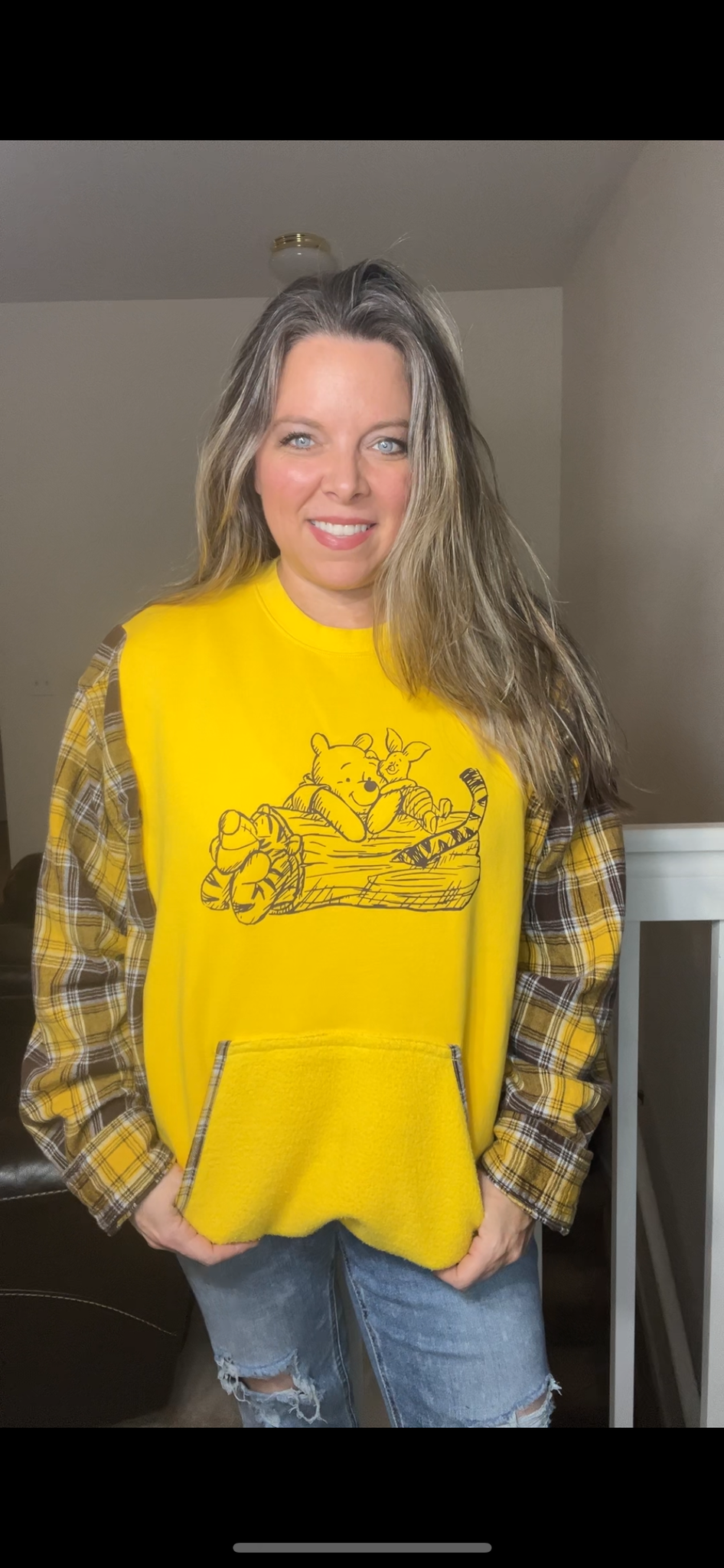 Upcycled Pooh – women’s 1X midweight sweatshirt with flannel sleeves