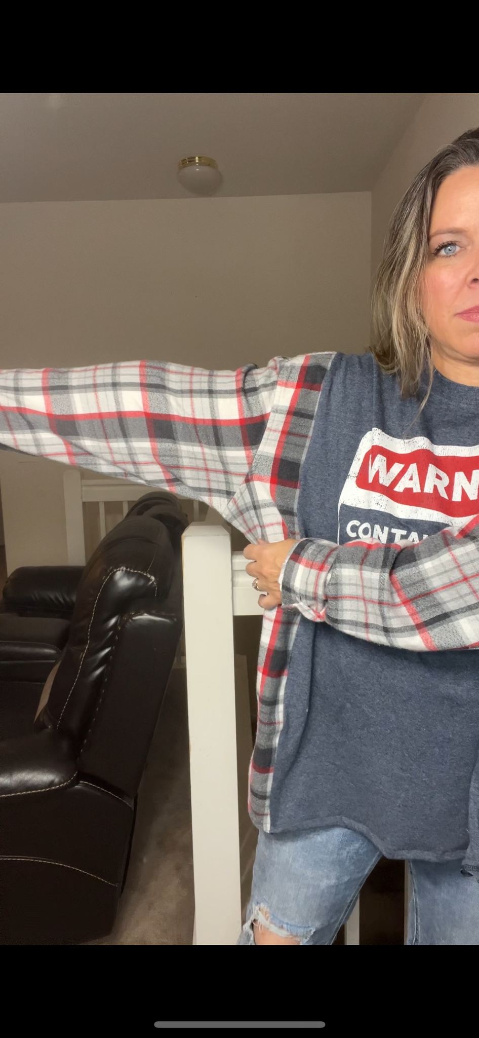Upcycled Warning – women’s 3X T-shirt, with thick flannel sleeves