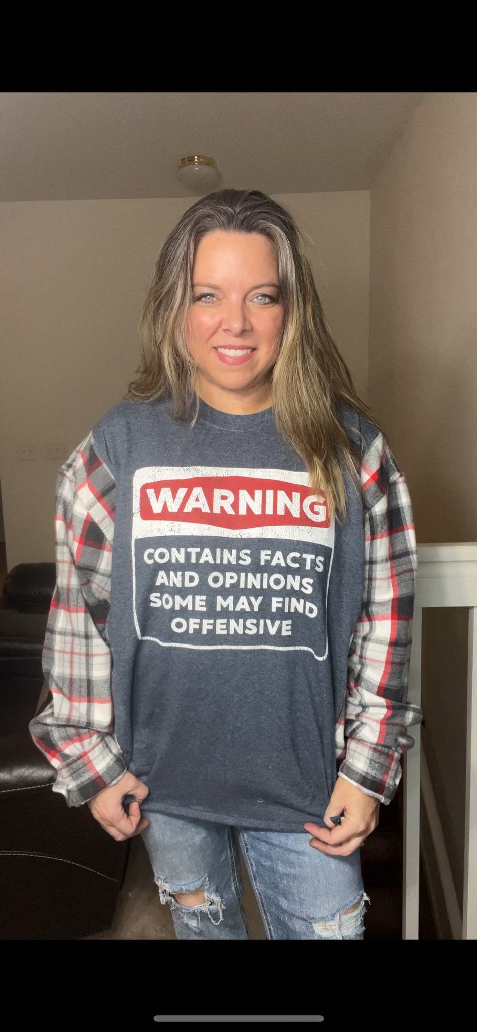 Upcycled Warning – women’s 3X T-shirt, with thick flannel sleeves