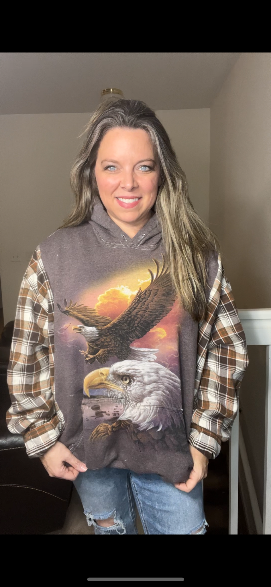 Upcycled Eagle – women’s 1X/2X – midweight sweatshirt with flannel sleeves