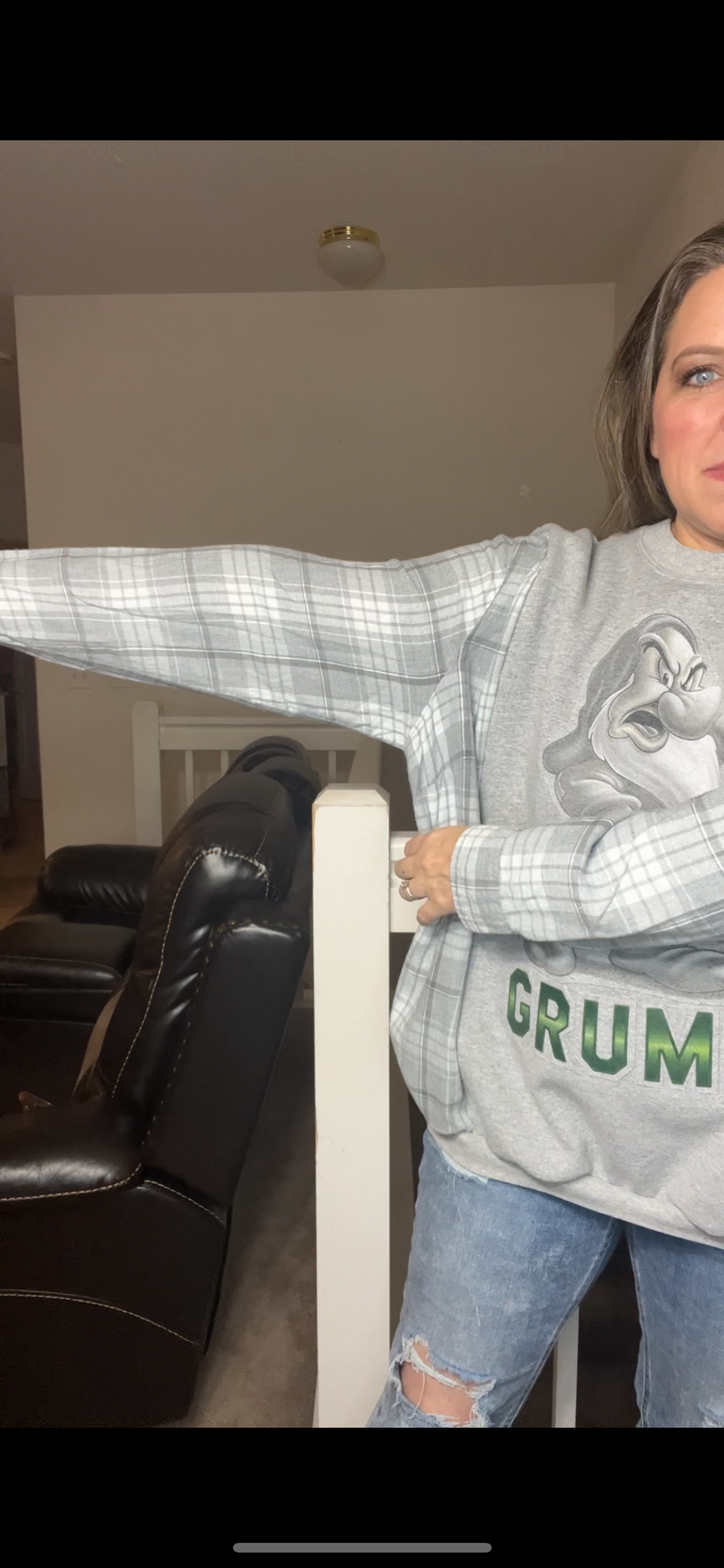 Upcycled Grumpy – women’s 2X midweight sweatshirt with flannel sleeves