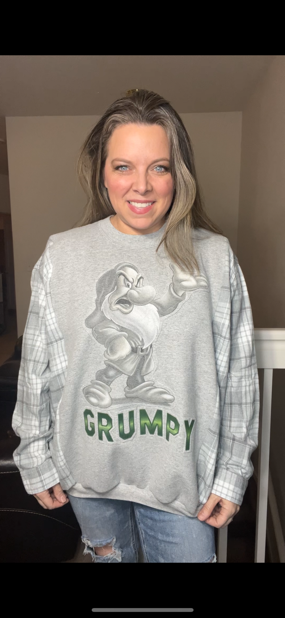 Upcycled Grumpy – women’s 2X midweight sweatshirt with flannel sleeves
