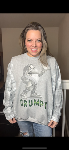 Upcycled Grumpy – women’s 2X midweight sweatshirt with flannel sleeves