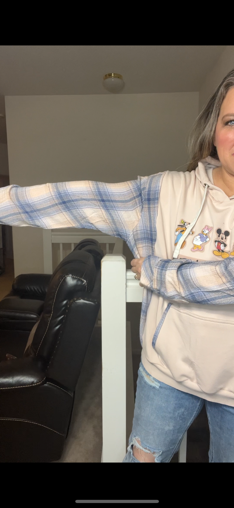 Upcycled Mickey friends – women’s XL/1X – thin sweatshirt with flannel sleeves