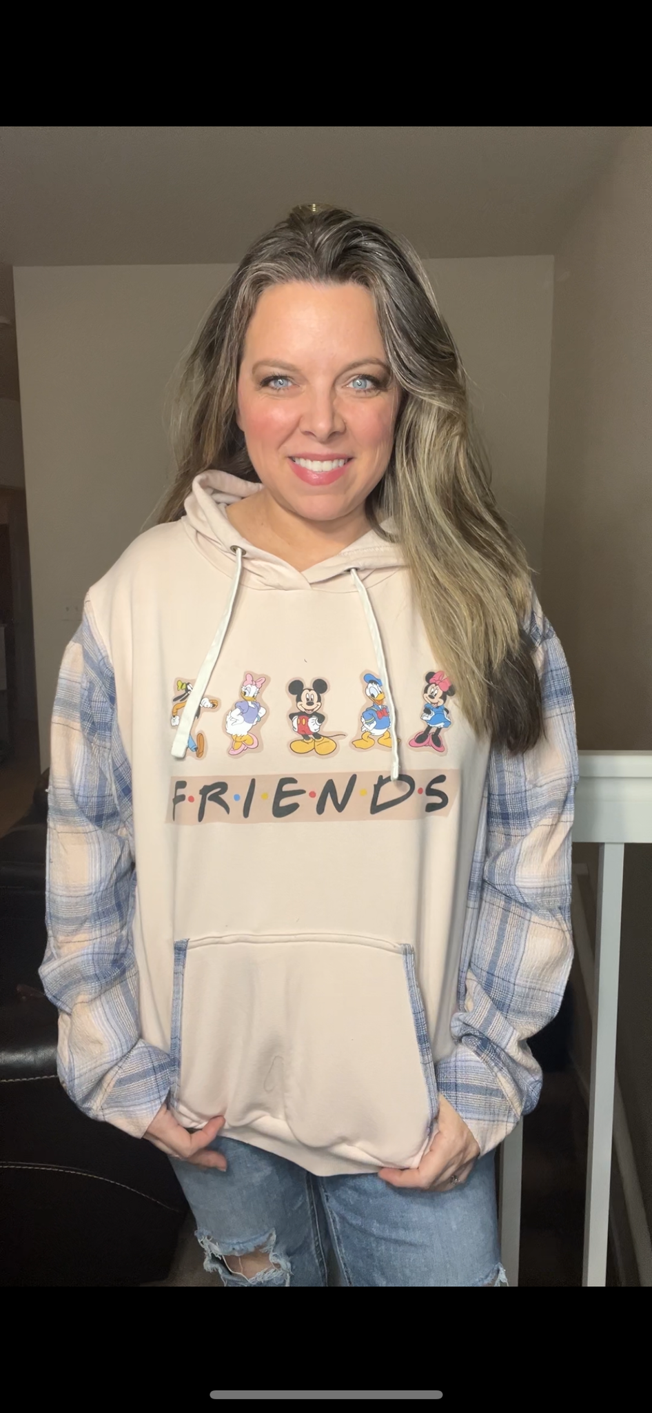 Upcycled Mickey friends – women’s XL/1X – thin sweatshirt with flannel sleeves