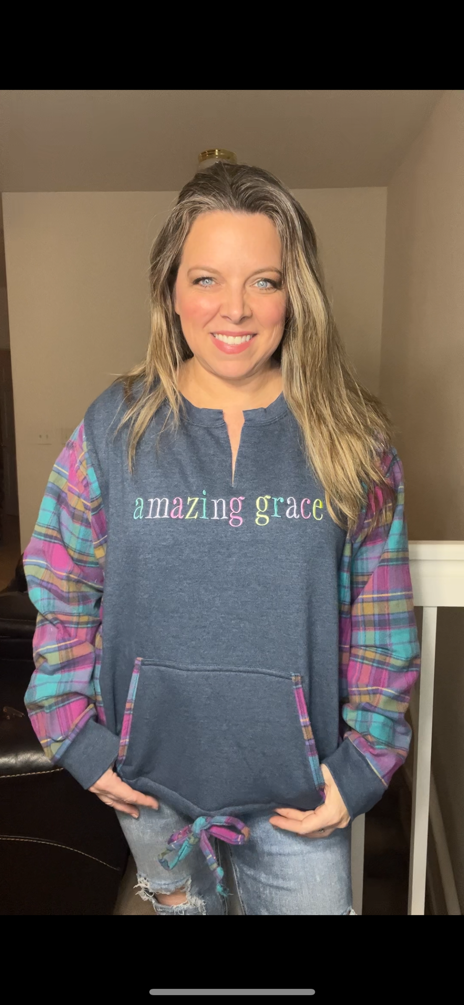 Upcycled Amazing grace – women’s 1X/2X midweight sweatshirt with thick flannel sleeves