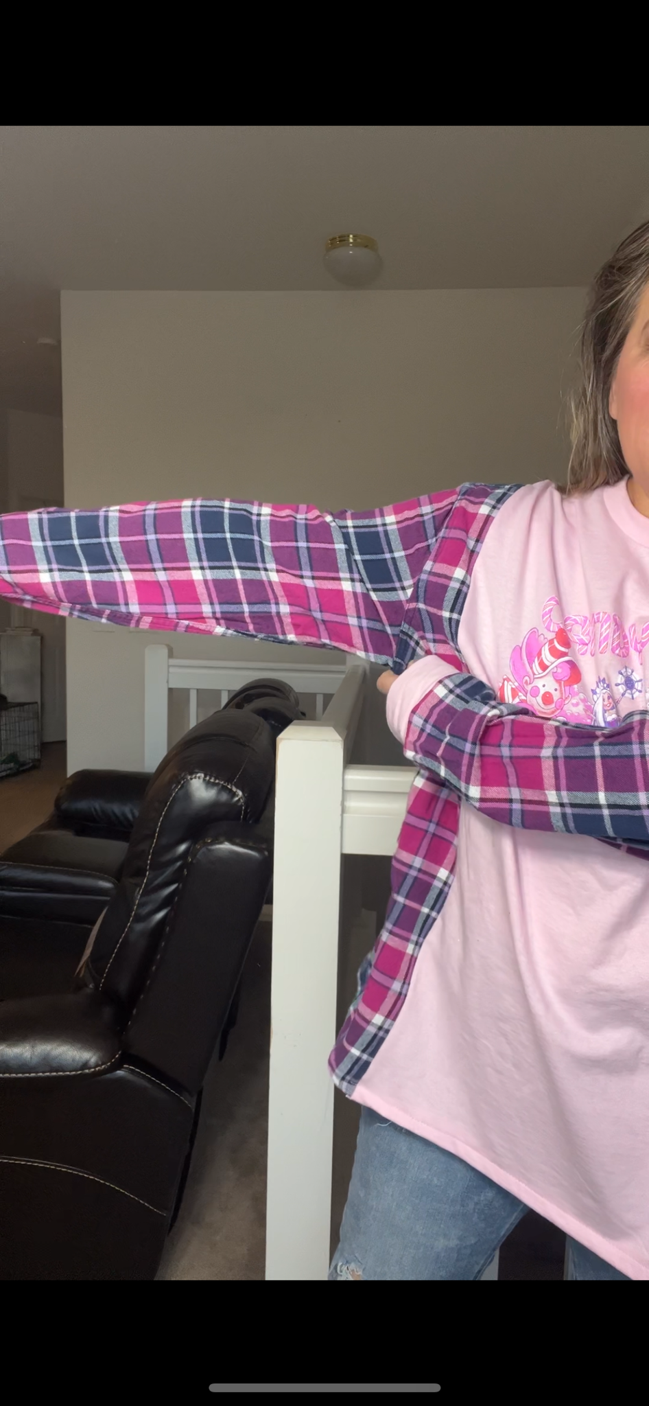 Upcycled Candyland – women’s 2X/3X T-shirt with flannel sleeves