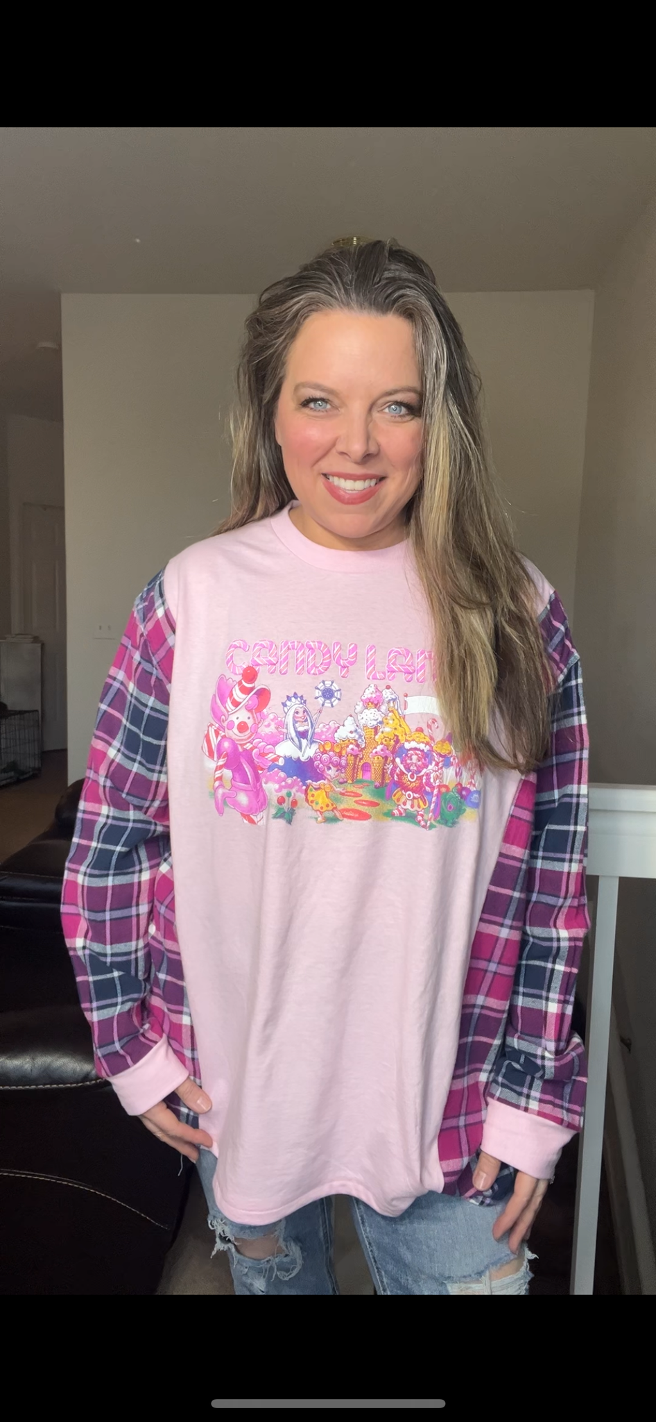 Upcycled Candyland – women’s 2X/3X T-shirt with flannel sleeves