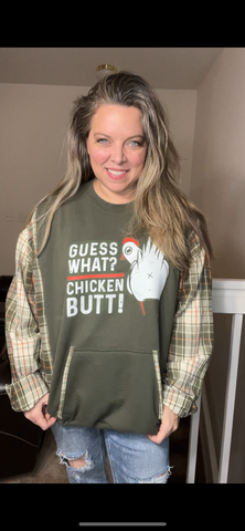 Upcycled Chicken – women’s 3X midweight sweatshirt with flannel sleeves