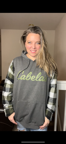 Upcycled Cabela’s – women’s 1X/2X midweight sweatshirt with flannel sleeves