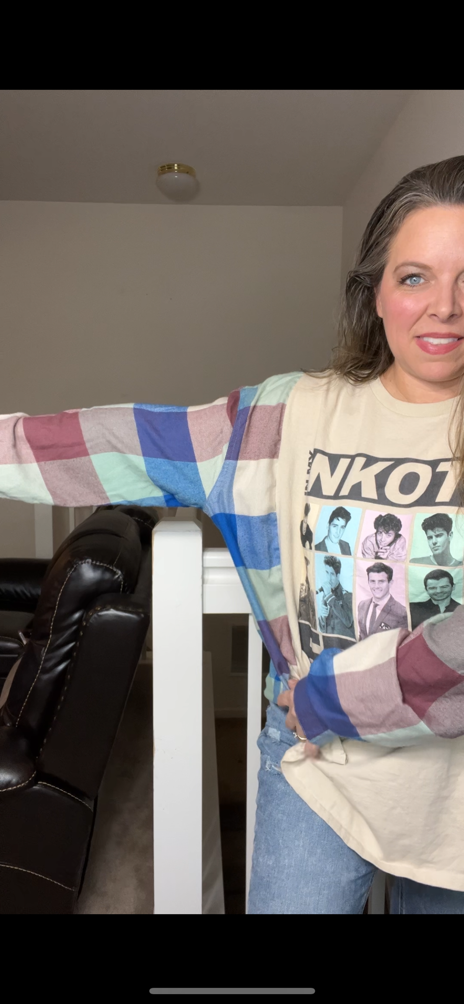 Upcycled NKOTB Women’s 1X/2X T-shirt with flannel sleeves
