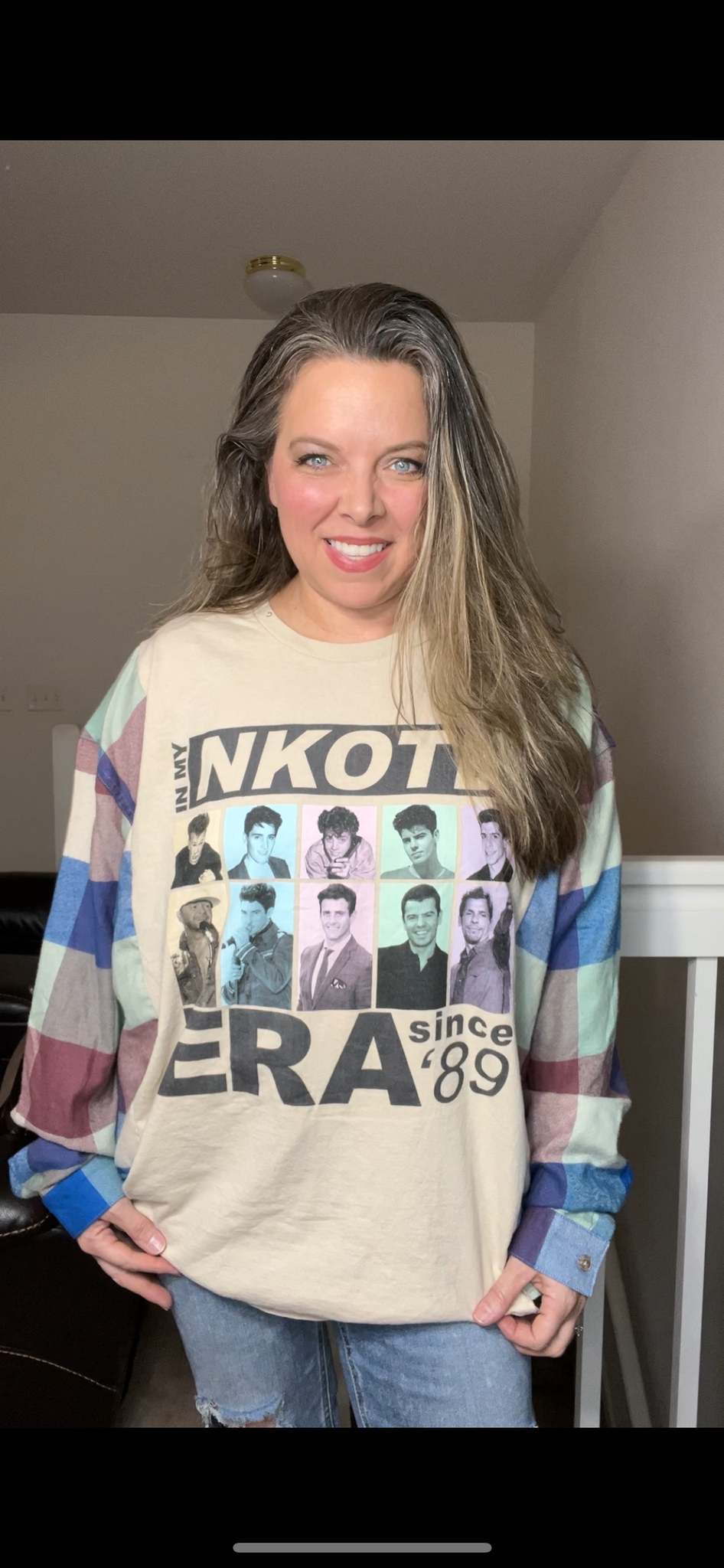 Upcycled NKOTB Women’s 1X/2X T-shirt with flannel sleeves