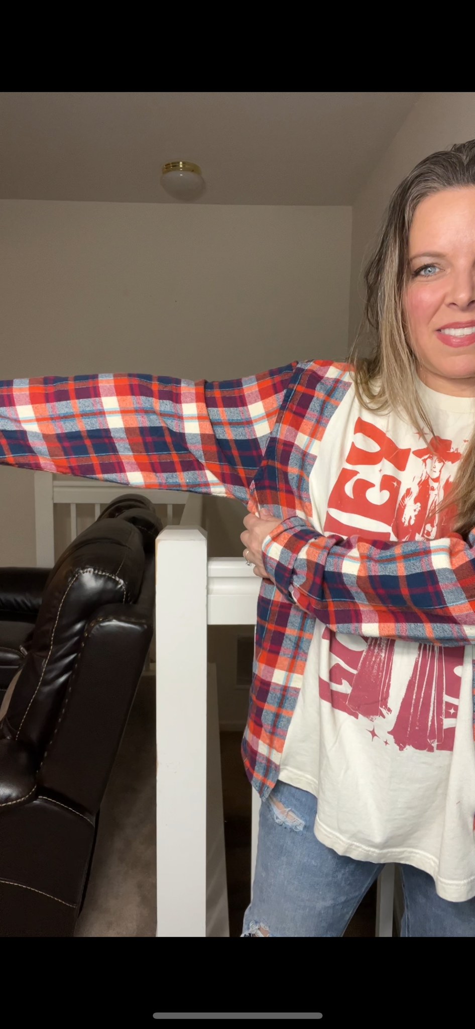 Upcycled Lainey- Women’s 1X T-shirt with flannel sleeves