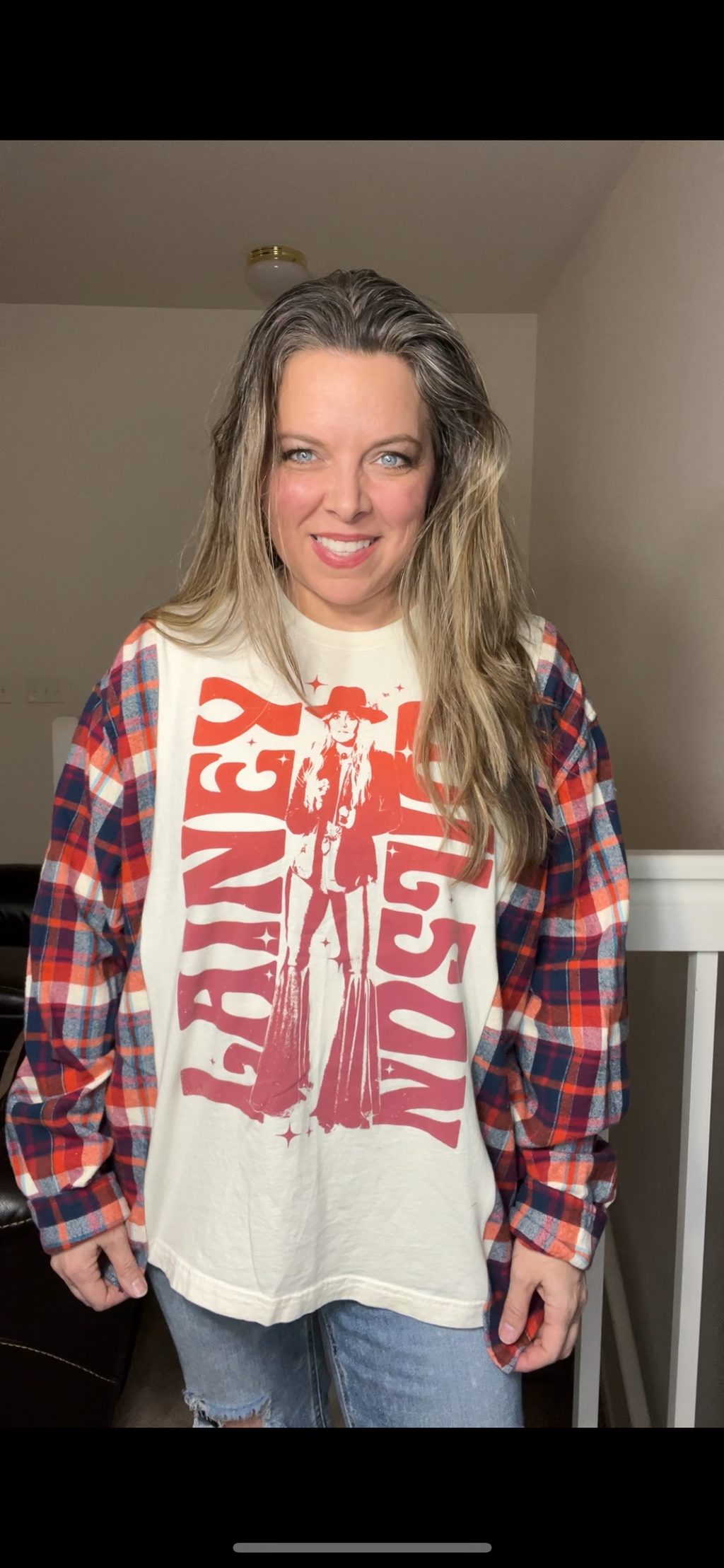 Upcycled Lainey- Women’s 1X T-shirt with flannel sleeves