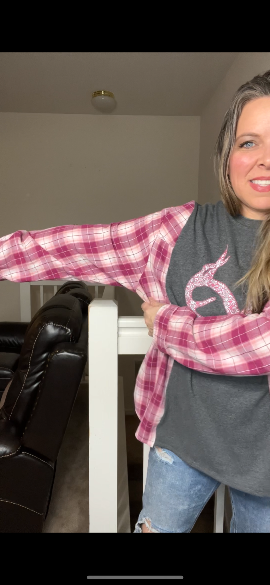 Upcycled Real tree – women’s 2X T-shirt with flannel sleeves