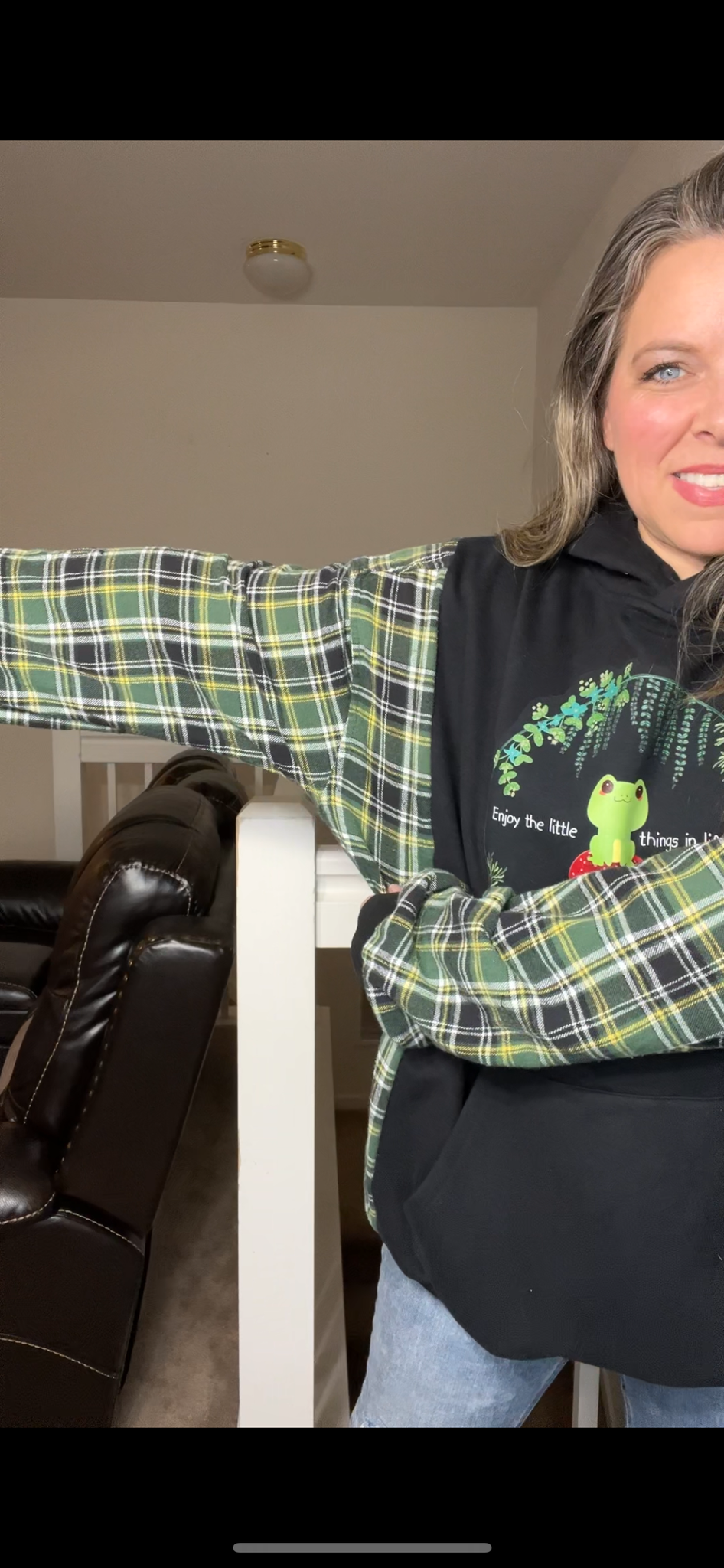 Upcycled Frog – women’s 4X/5X midweight sweatshirt with flannel sleeves