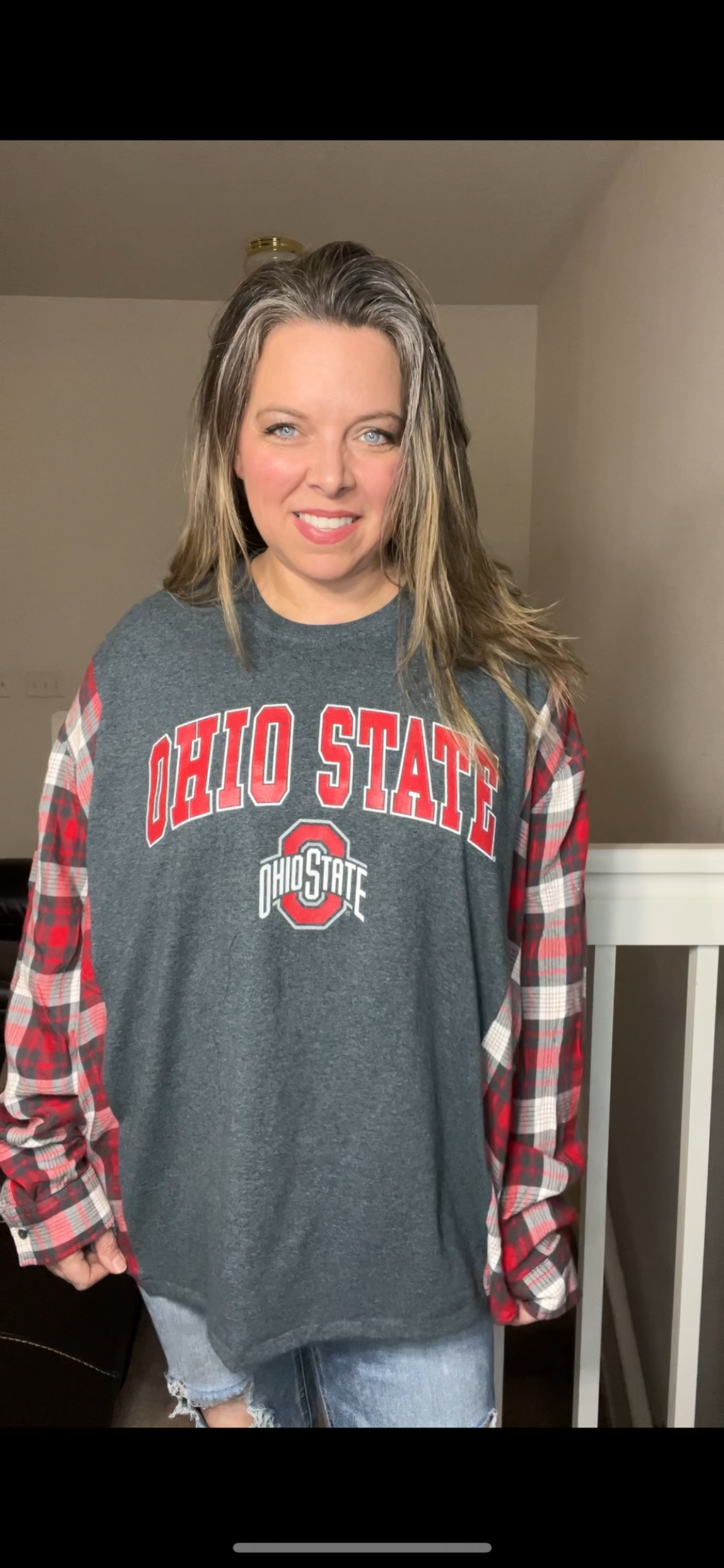 Upcycled OSU – women’s 3X/4X T-shirt with thin flannel sleeves