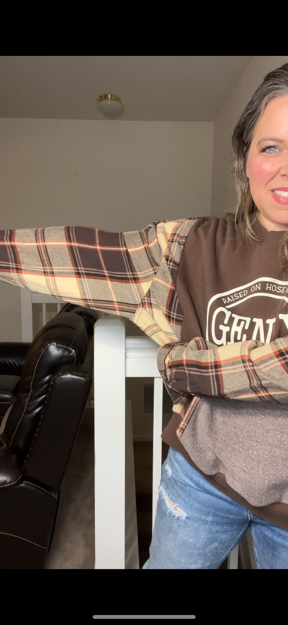 Upcycled Gen X brown – women’s medium/large midweight sweatshirt with flannel sleeves