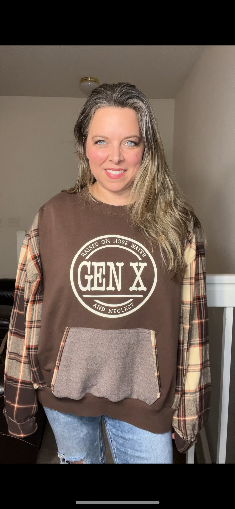 Upcycled Gen X brown – women’s medium/large midweight sweatshirt with flannel sleeves