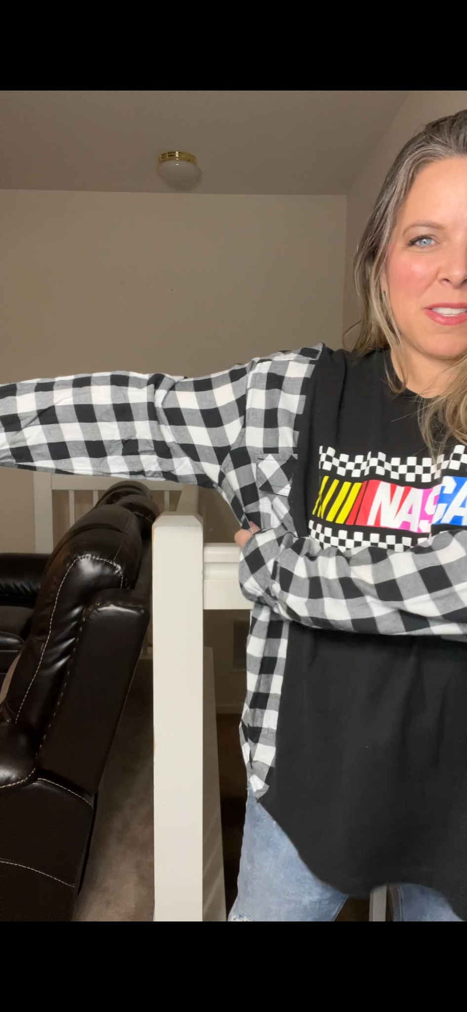 Upcycled NASCAR – women’s 2X T-shirt with flannel sleeves