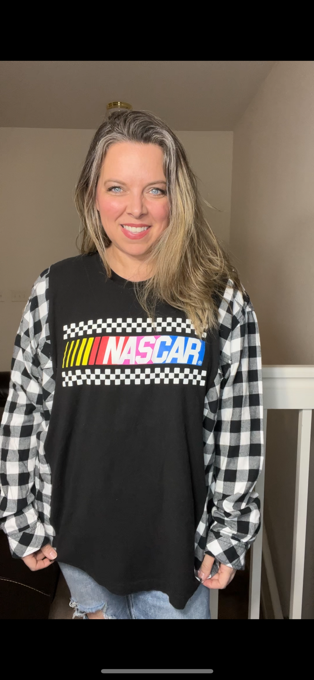 Upcycled NASCAR – women’s 2X T-shirt with flannel sleeves