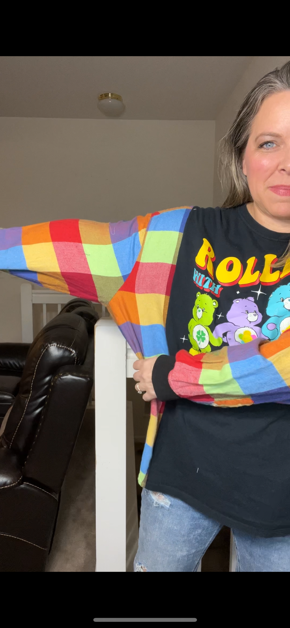 Upcycled Carebear Homies – women’s 2X T-shirt with flannel sleeves