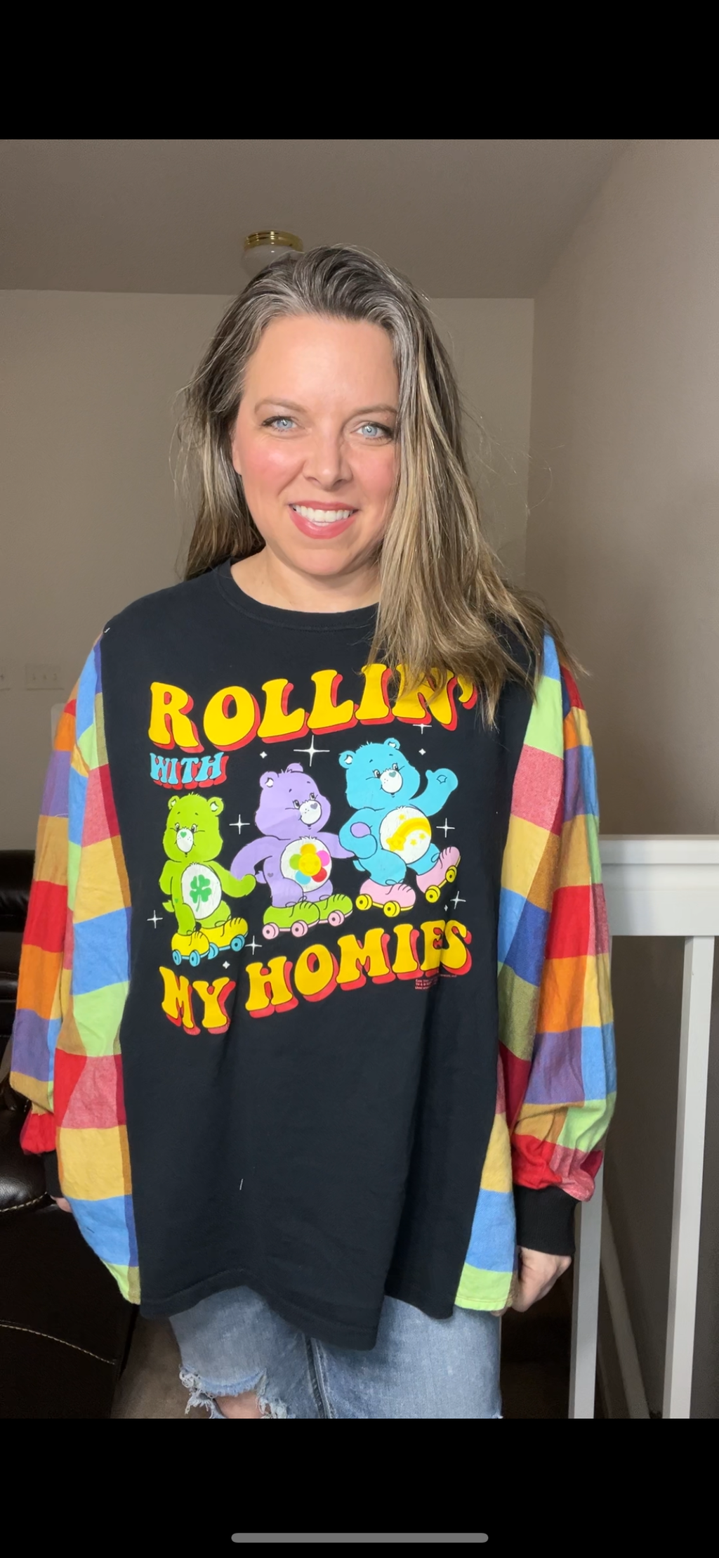Upcycled Carebear Homies – women’s 2X T-shirt with flannel sleeves
