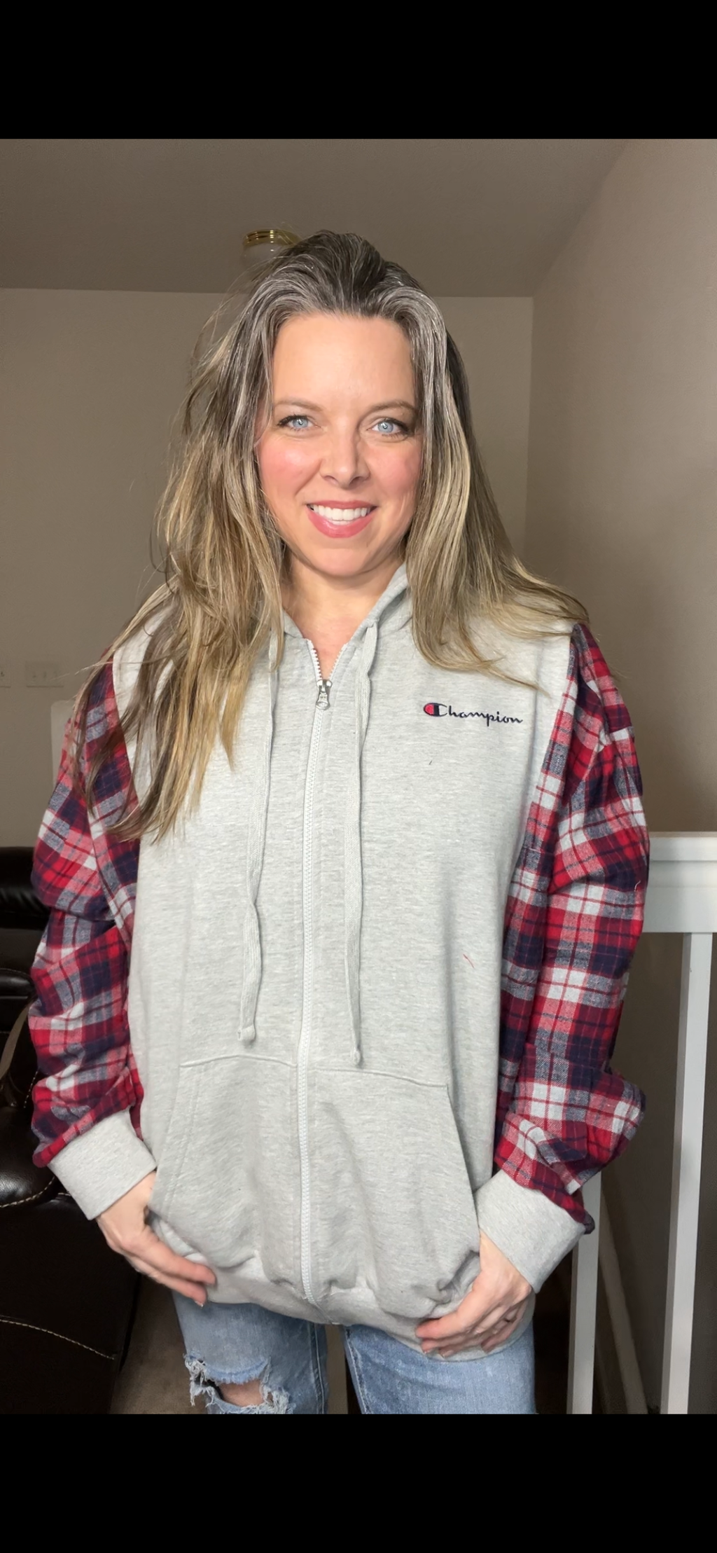 Upcycled Champion zip – women’s 3X midweight sweatshirt with flannel sleeves