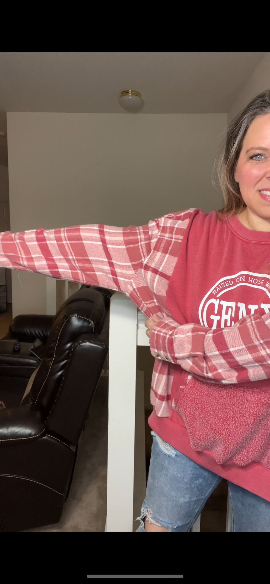 Upcycled Gen X pink – women’s 3X midweight sweatshirt with flannel sleeves