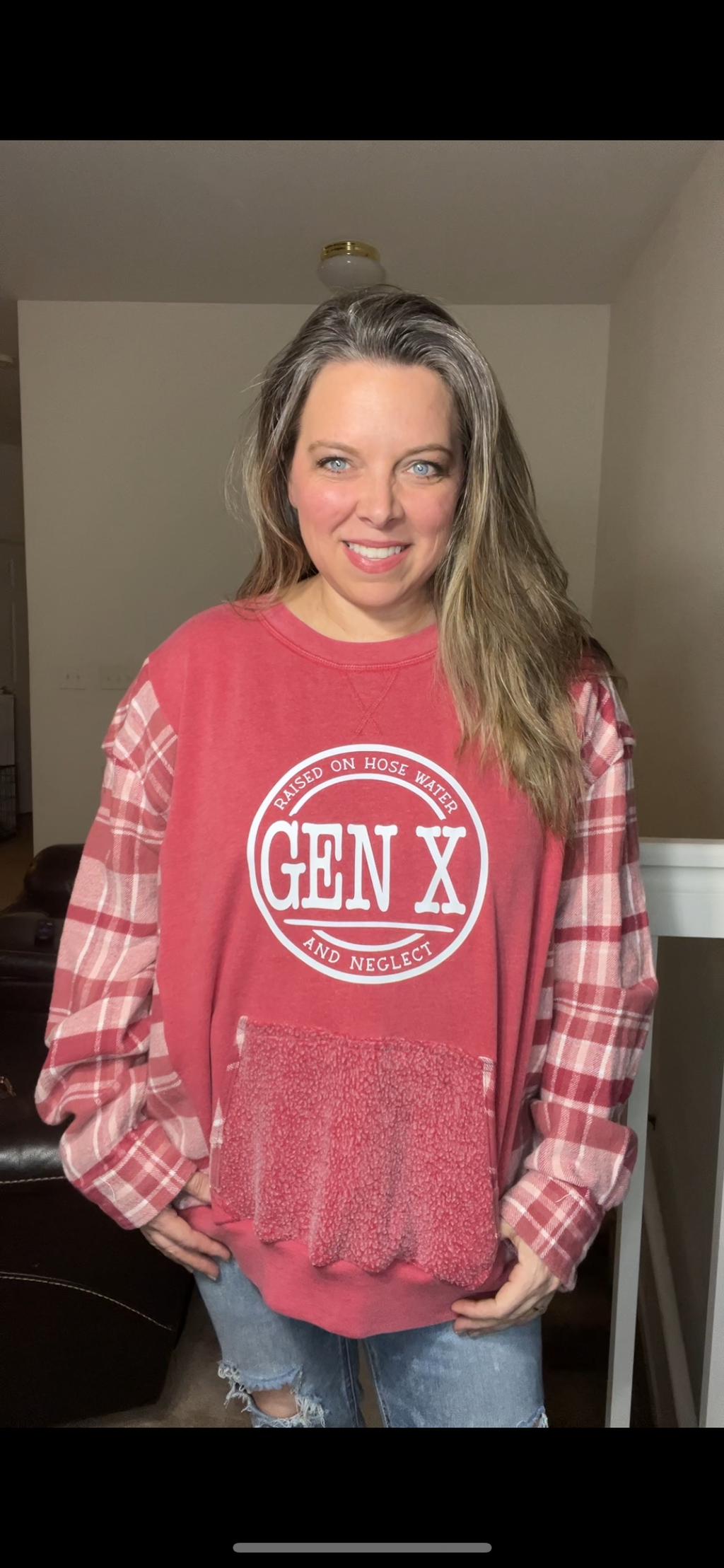 Upcycled Gen X pink – women’s 3X midweight sweatshirt with flannel sleeves