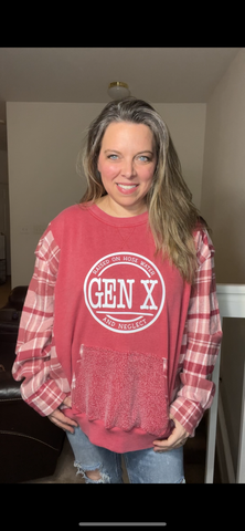 Upcycled Gen X pink – women’s 3X midweight sweatshirt with flannel sleeves