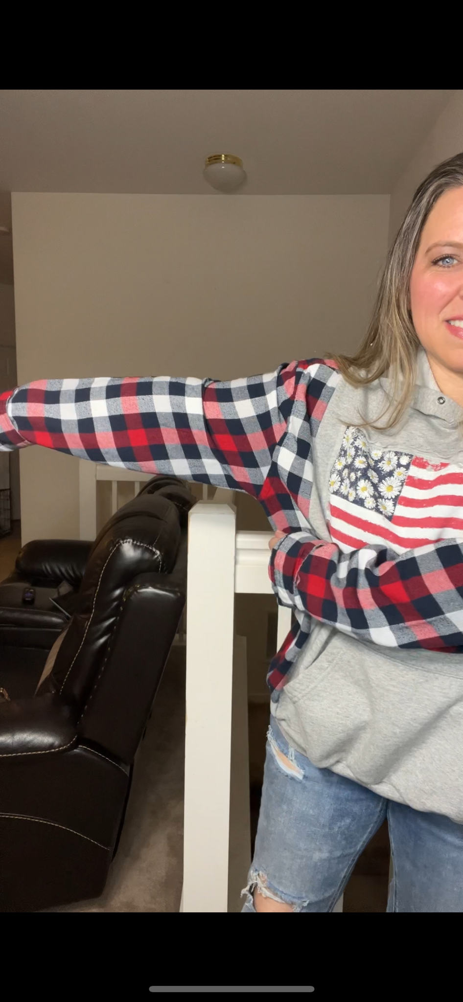 Upcycled Daisy Flag – women’s 2X midweight sweatshirt with flannel sleeves